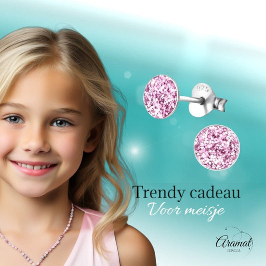 925 Zilveren Kinderoorbellen Paarse Glitter Rond 5mm - Aramat Jewels - Oorbellen - cadeautip