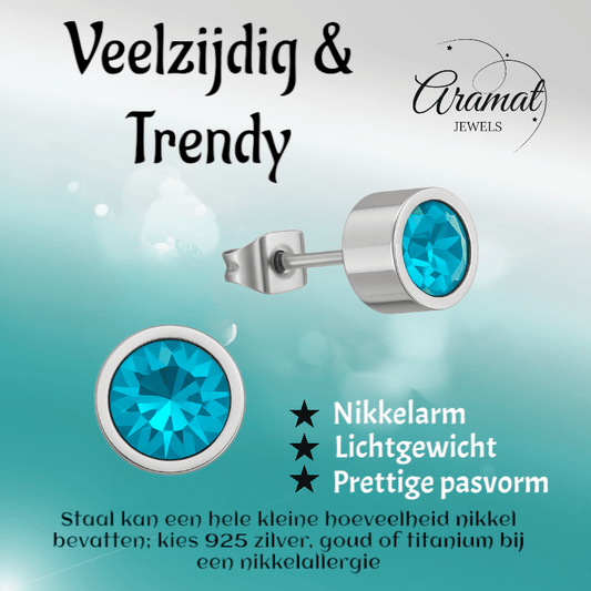 Aqua blauwe kristal oorstekers – 5mm zilver RVS - Aramat Jewels - Oorbellen - cadeautip