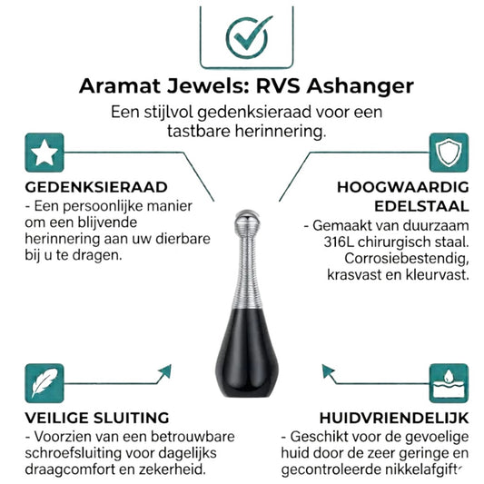 Aramat Jewels black and silver cone-shaped cremation urn necklace made of 316L stainless steel, 4cm long, with a rope chain.