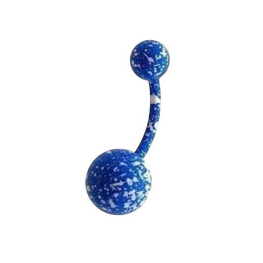 Aramat Jewels blue surgical steel belly button piercing with white speckle design. Hypoallergenic and trendy.