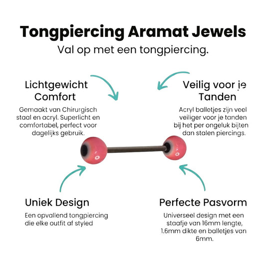 Aramat Jewels pink, white, and black acrylic tongue piercing with a steel bar. Features eye-like design on acrylic balls.