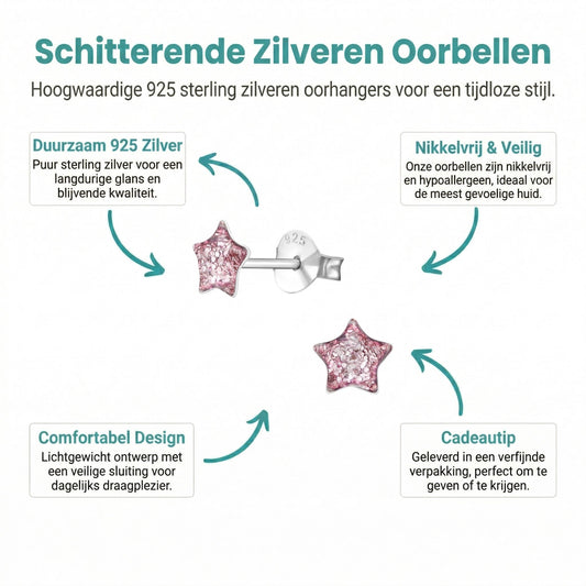 Aramat Jewels sterling silver stud earrings for girls, featuring 5mm purple glitter star design. Hypoallergenic and minimalist.