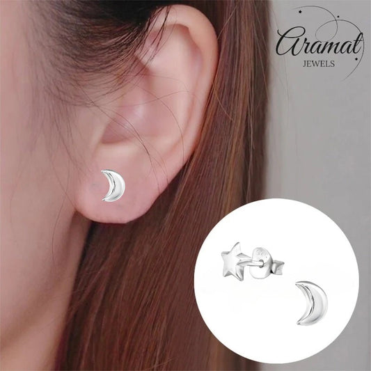 Aramat Jewels sterling silver star and crescent moon stud earrings, 6x5mm, high polish finish.