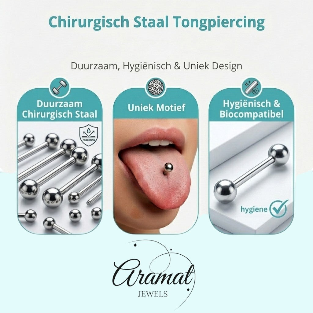 Aramat Jewels stainless steel tongue piercing with silver balls, 16mm bar, 1.6mm gauge, 6mm ball ends.