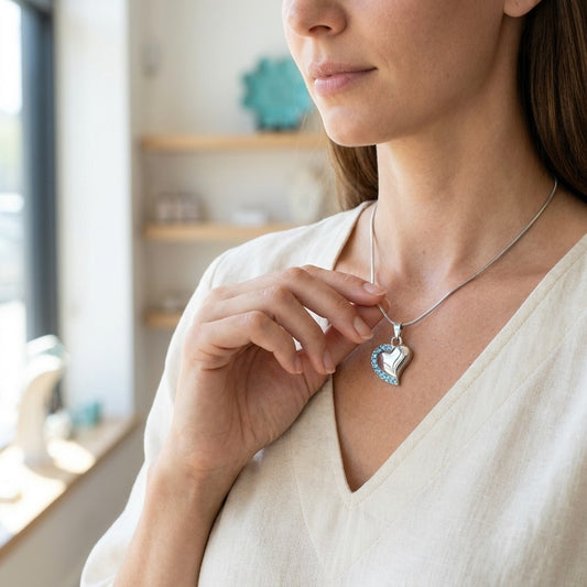 Aramat Jewels® zilverkleurige stalen hartvormige ashanger met zirkonia, gedragen door een vrouw.