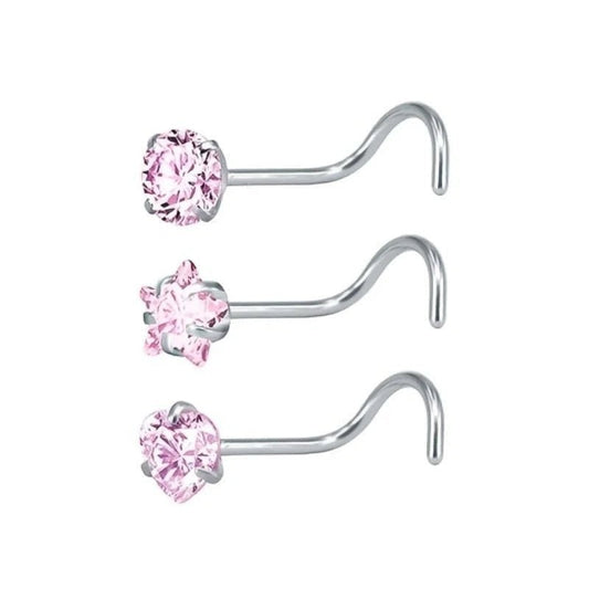 Aramat Jewels stalen neuspiercings met roze zirkonia in ronde, ster- en hartvorm met handig S-bocht staafje.