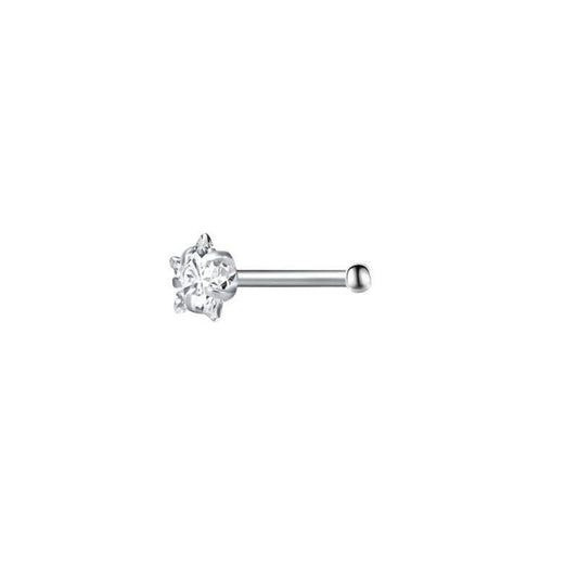 Aramat Jewels silver-tone steel nose piercing with a clear cubic zirconia stone in round, star, or heart shape.