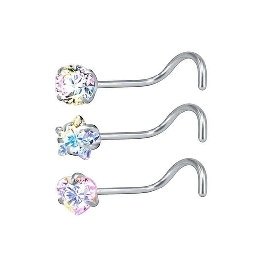 Aramat Jewels steel nose piercing with AB transparent cubic zirconia in round, star, and heart shapes.