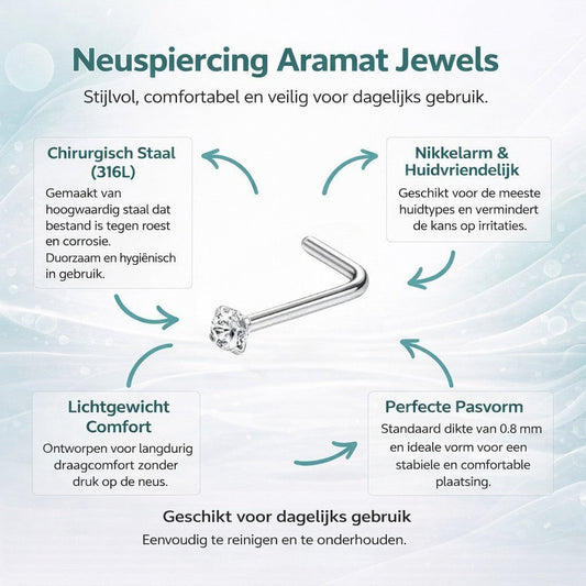 Aramat Jewels silver steel L-shaped nose piercing with a clear cubic zirconia stone.