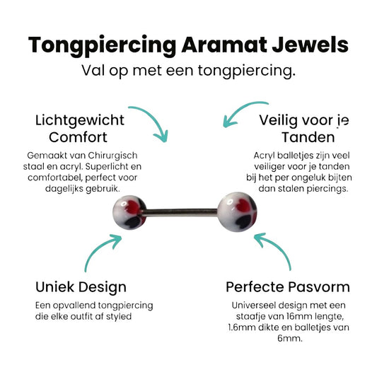 Aramat Jewels steel tongue piercing with white, red, and black acrylic clover heart charms.