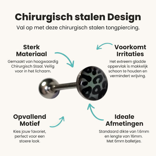 Aramat Jewels steel tongue piercing with black and green leopard print logo.