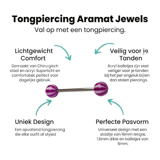 Aramat Jewels white and purple striped acrylic tongue piercing with a steel bar.