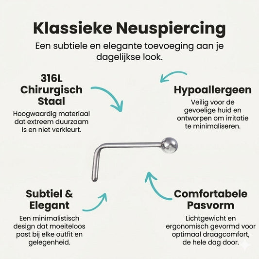 Aramat Jewels zilverkleurige L-vormige neuspiercing van chirurgisch staal met een 2mm bolletje voor dagelijks gebruik.
