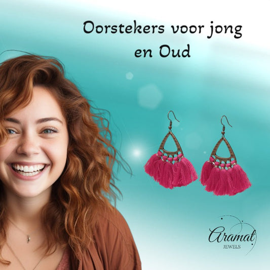 Boho Oorhangers Kwastjes Fel Roze 55x30mm - Aramat Jewels - Oorbellen - cadeautip