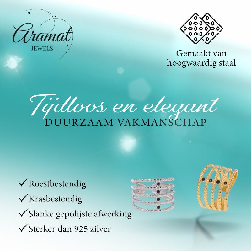 Brede Open Ring RVS met Bolletjesmotief en 5 Emaille Puntjes (16 mm) - Aramat Jewels - Ringen - cadeautip