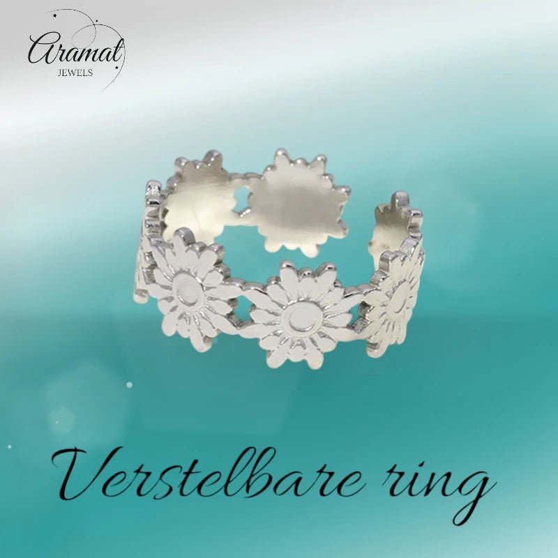 Damesring Verstelbaar โ Bloemetjes Schakels โ One Size - ring343 - Ringen kopen# - Zilverkleur - alles - cadeau