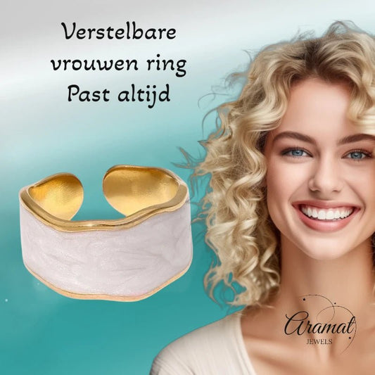 Damesring Verstelbaar – Open Ring met Witte Parelmoer Inlay – One Size - Aramat Jewels - Ringen - cadeautip