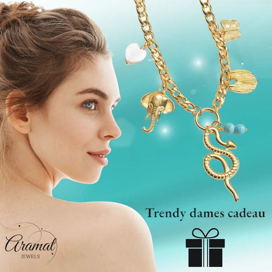 Goudkleurige gourmetketting met natuursteen & bedels – 45+5 cm - ket1179 - 769520 - Halskettingen kopen# - 45cm - alles - Bedelketting