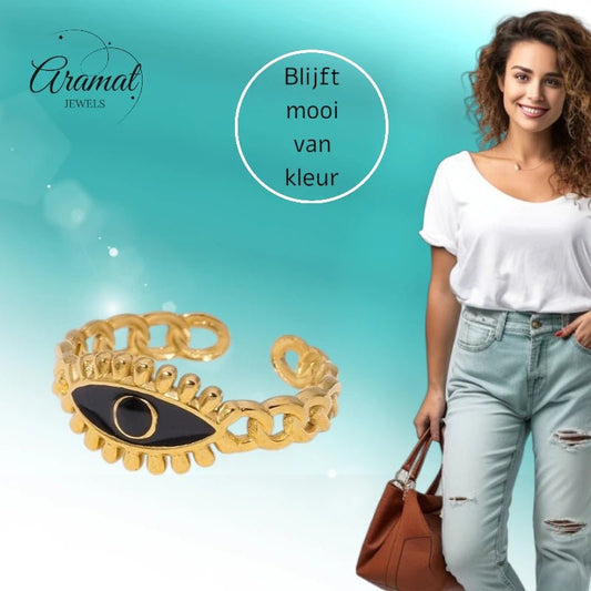 Goudkleurige Verstelbare RVS Ring met Zwart Emaille Boze Oog - 9 mm - Aramat Jewels - Ringen - cadeautip
