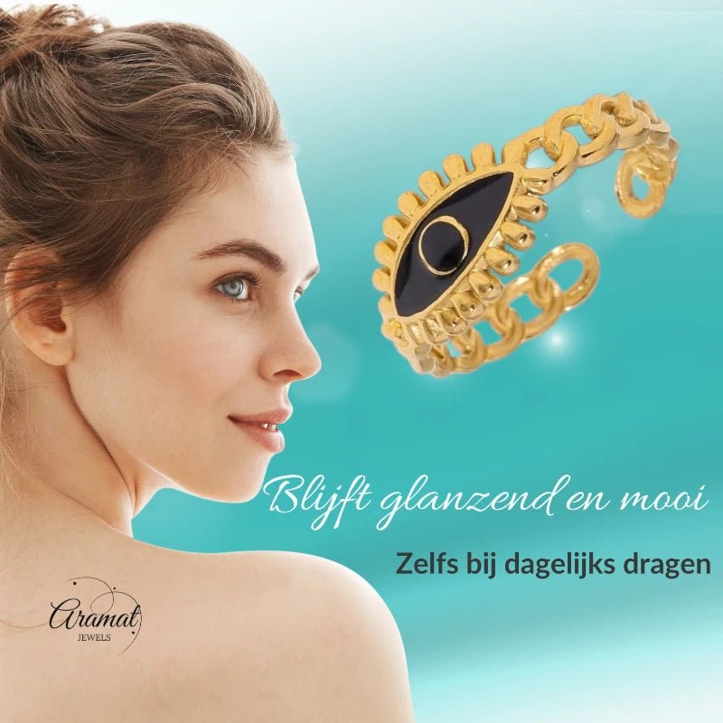 Goudkleurige Verstelbare RVS Ring met Zwart Emaille Boze Oog - 9 mm - Aramat Jewels - Ringen - cadeautip