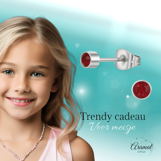 Granaatrood kristal oorstekers – 4mm zilver RVS - Aramat Jewels - Oorbellen - cadeautip