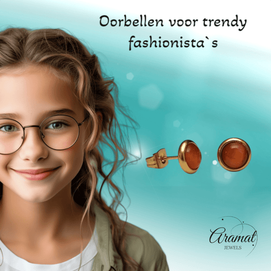 Kattenoog Oorbellen 8mm – Rood/Oranje Goudkleurig - Aramat Jewels - Oorbellen - cadeautip