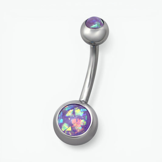 Piercing au nombril en acier et opale violette