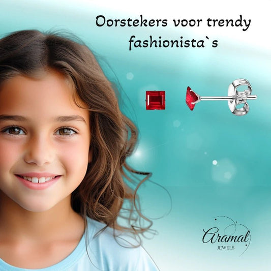Oorbellen – RVS Zilverkleur met Rode Vierkante Zirkonia (3mm) - Aramat Jewels - Oorbellen - cadeautip