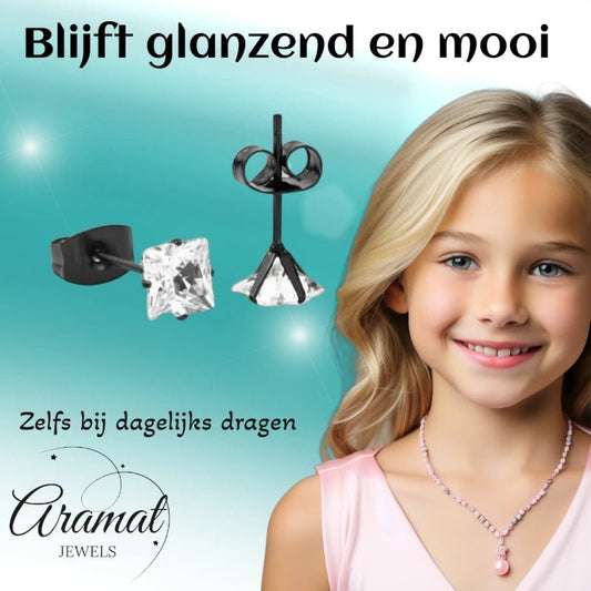 Oorbellen – RVS Zwartkleur met Vierkante Zirkonia (5mm) - Aramat Jewels - Oorbellen - cadeautip