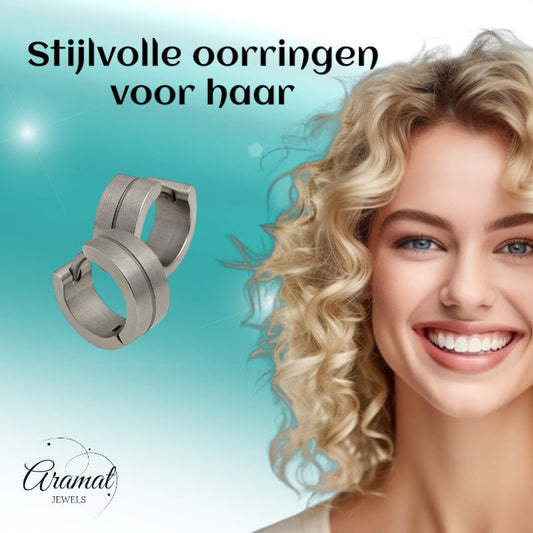 Oorringen – RVS Zilverkleur Mat met Glansstreep (13mm) - Aramat Jewels - Oorringen - cadeautip