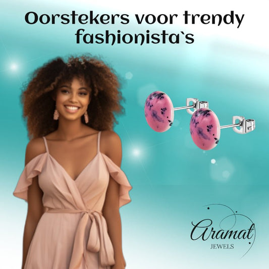 Oorstekers – RVS Roze Marmerlook Rond (12mm) - Aramat Jewels - Oorbellen - cadeautip