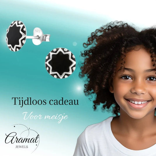 Oorstekers – Sterling Zilver Bali Etnisch Zwart Emaille 8mm Rond Geoxideerd - Aramat Jewels - Oorbellen - cadeautip