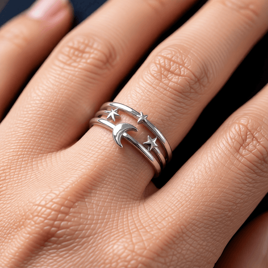 Open Ring RVS met Drie Sterren en Maan (9 mm) - Aramat Jewels - Ringen - cadeautip