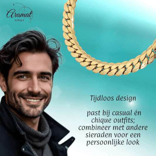 Platte Gourmet Ketting met bewerkte rand 6mm Goudkleurig Staal - Aramat Jewels - RVS Sieraden - Halskettingen - cadeautip