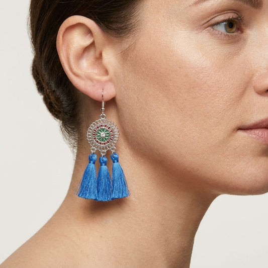 Summer Boho Earrings Tassels Blue 75mm