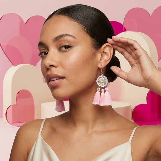 Summer Boho Earrings Tassels Pink 75mm