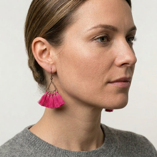 Boho Earrings Tassels Bright Pink 55x30mm