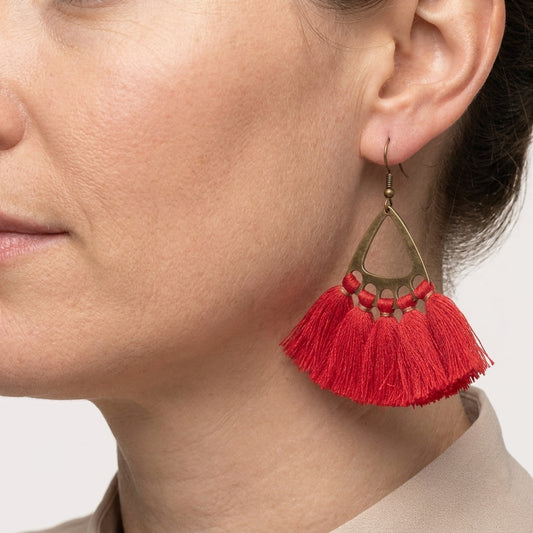 Boho Earrings with Tassels – Red 55x30mm