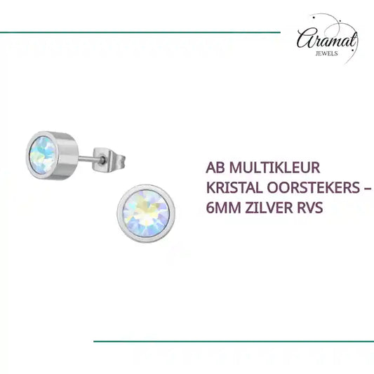 AB multikleur kristal oorstekers – 6mm zilver RVS by@Outfy