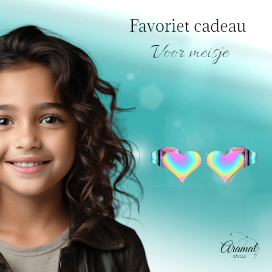 Regenboog hartjes oorstekers β 9x8mm vrolijk RVS - Aramat Jewels - Oorbellen - cadeautip