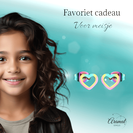 Regenboog hartjes oorstekers RVS β 8x7mm uniek - Aramat Jewels - Oorbellen - cadeautip