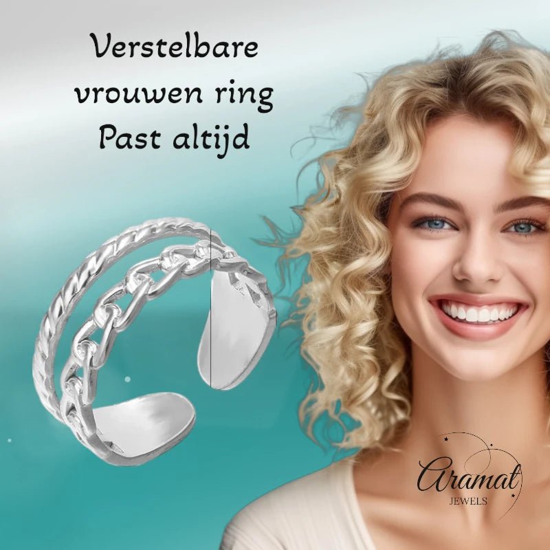 RVS Damesring Verstelbaar โ 2 Lijnen (Schakel & Gestreept) โ One Size - ring334 - 80113 - Ringen kopen# - Zilverkleur - alles - boho