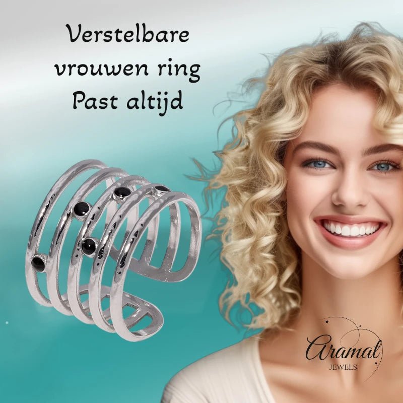 RVS Damesring Verstelbaar โ 5 Lijnen & Zwarte Emaille โ One Size - ring339 - 73896 - Ringen kopen# - Zilverkleur - alles - boho