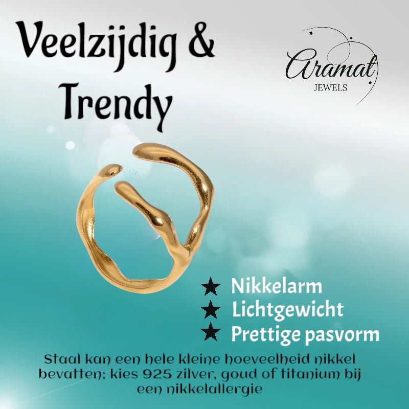 RVS Damesring Verstelbaar โ Grillige Brede Open Ring โ 16 mm - ring346 - 73897 - Ringen kopen# - Goudkleur - alles - boho