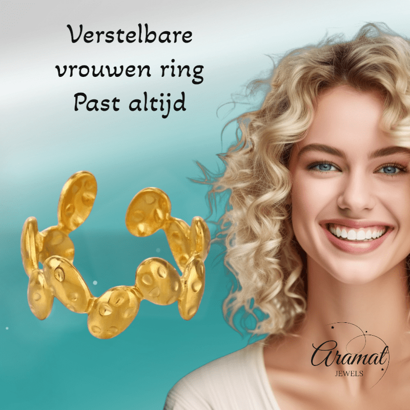 RVS Damesring Verstelbaar โ Ovale Bewerkte Schakels โ One Size - ring350 - 76748 - Ringen kopen# - Goudkleur - alles - boho