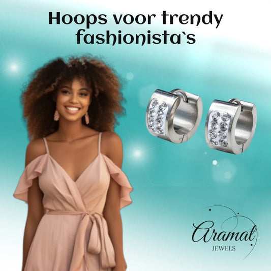 RVS Mini Huggie Creolen 2 Rijen Kristal Zilverkleur 13mm - Dames Kind - Aramat Jewels - Oorringen - cadeautip