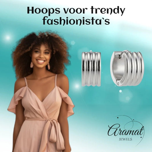 RVS Mini Huggie Creolen Streep Zilverkleur 13mm - Unisex Kind - Aramat Jewels - Oorringen - cadeautip