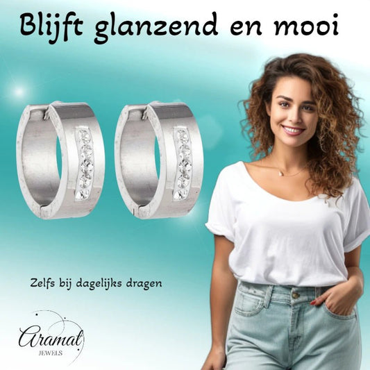 RVS Oorringen Kristal Streep Zilverkleur 20mm - Dames - Aramat Jewels - Oorringen - cadeautip