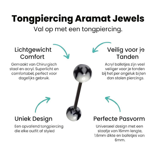 Aramat Jewels tongue piercing with white and black acrylic balls featuring a cute face design. Made of steel with a silver finish.