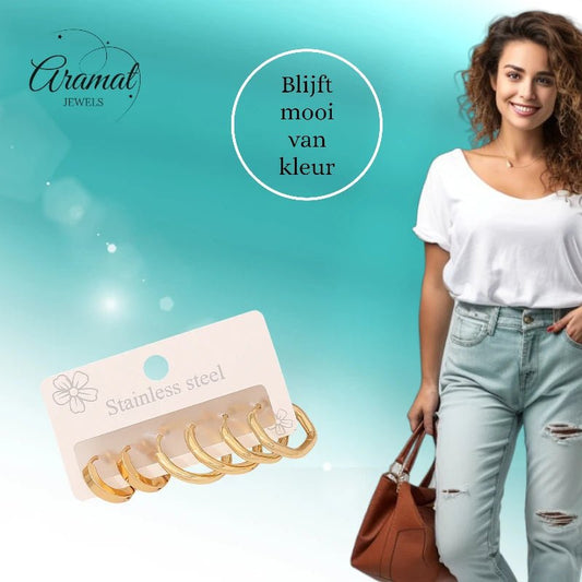 Stainless steel oorringenset – goudkleurig – 2x rond + 1x zeshoekig – 3 paar - set21 - 539677 - Oorringen kopen# - alles - cadeau - dames